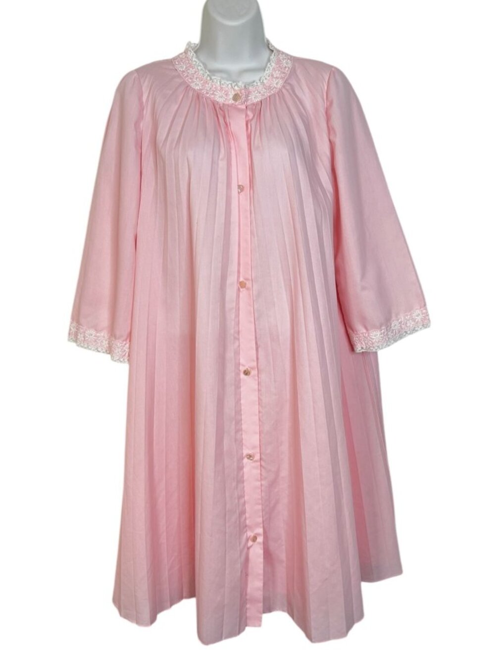 Vintage 60s Eve Stillman Nightgown Robe Embroidered Pleated Lace Pink Small